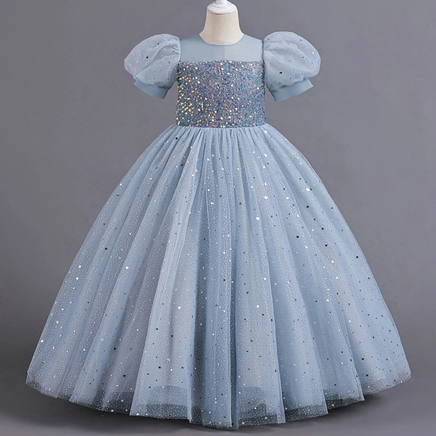 Shiny Toddler Little Big Girls Sequined Puff Sleeves Flower Girl Birthday Party Pageant Formal Evening Dress