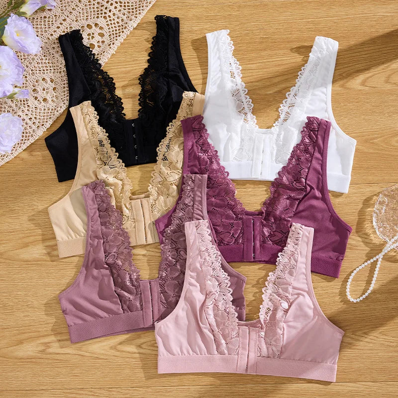 Hot Sale Floral lace-up sheer breathable sports bra with front fastening and side support for women wire free bra