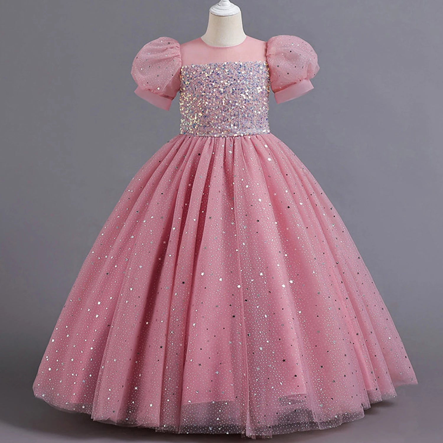 Shiny Toddler Little Big Girls Sequined Puff Sleeves Flower Girl Birthday Party Pageant Formal Evening Dress