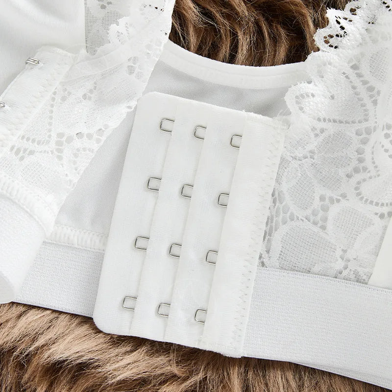 Hot Sale Floral lace-up sheer breathable sports bra with front fastening and side support for women wire free bra