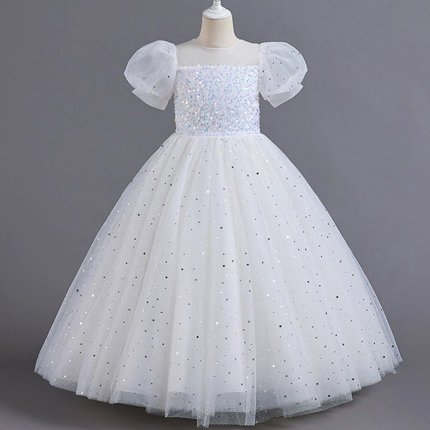 Shiny Toddler Little Big Girls Sequined Puff Sleeves Flower Girl Birthday Party Pageant Formal Evening Dress