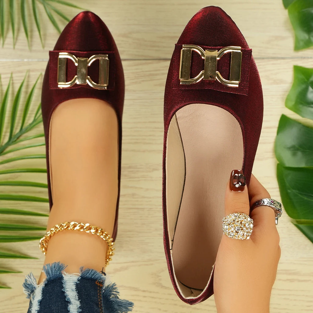 Women's Velvet Pointed Toe Flat Shoes Metallic Buckle Slip On Loafers Comfortable Work Office Shoes Elegant Dress Flats