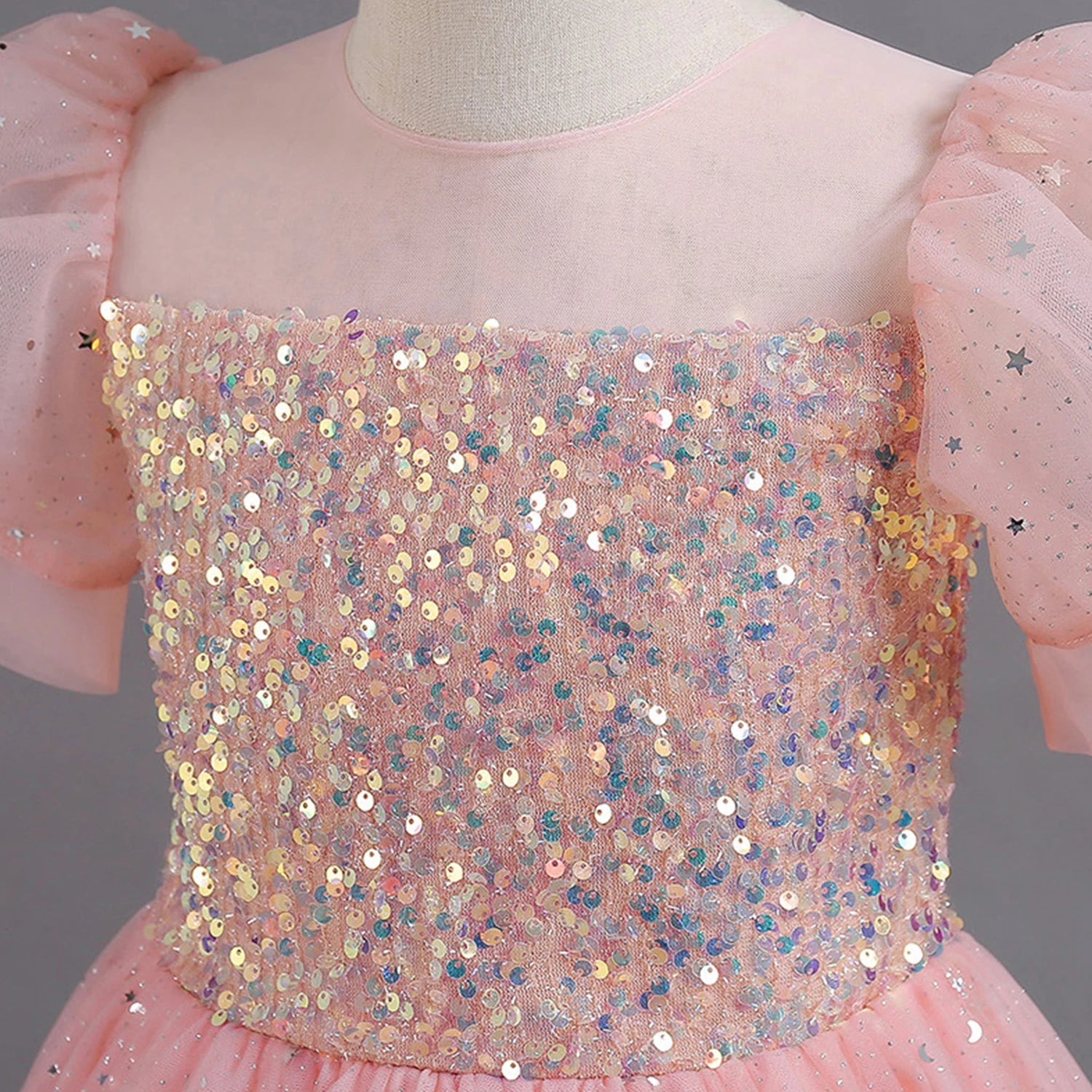 Shiny Toddler Little Big Girls Sequined Puff Sleeves Flower Girl Birthday Party Pageant Formal Evening Dress