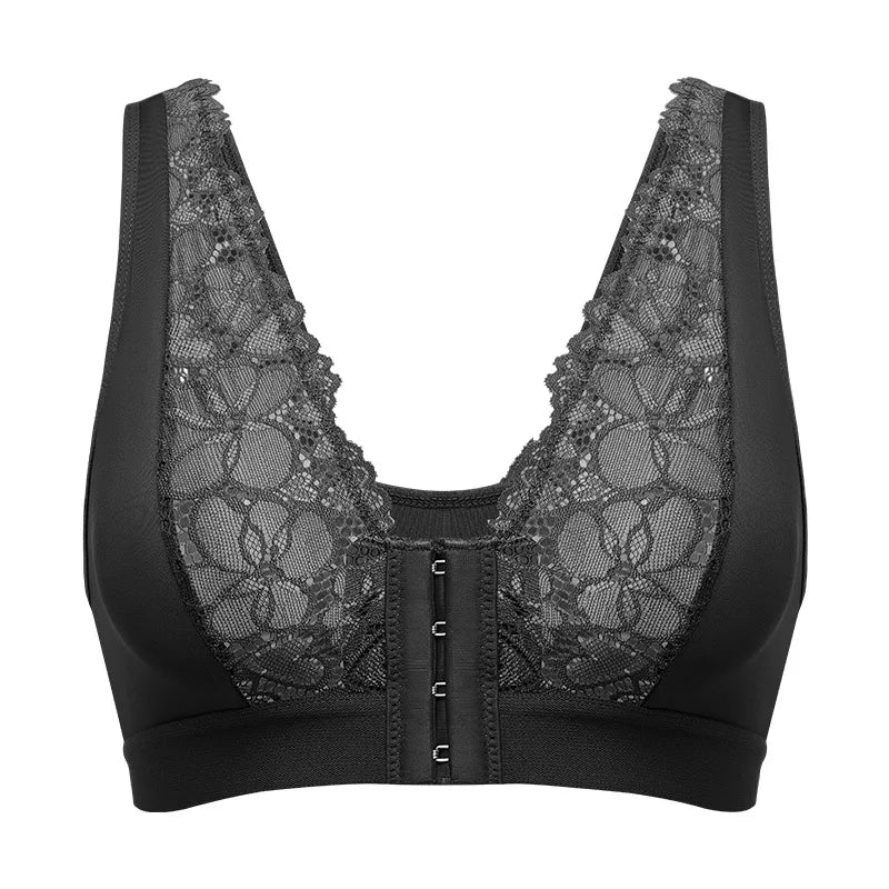 Hot Sale Floral lace-up sheer breathable sports bra with front fastening and side support for women wire free bra
