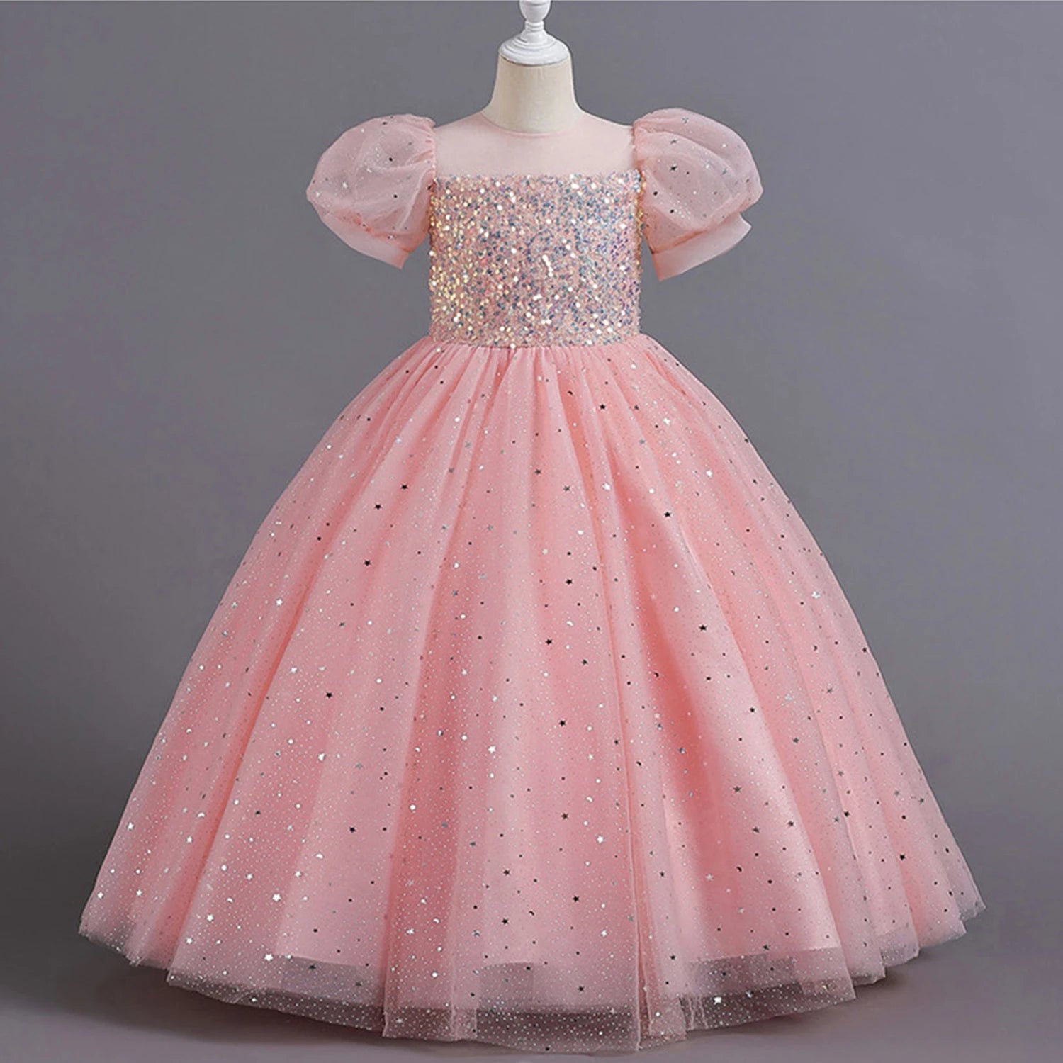 Shiny Toddler Little Big Girls Sequined Puff Sleeves Flower Girl Birthday Party Pageant Formal Evening Dress